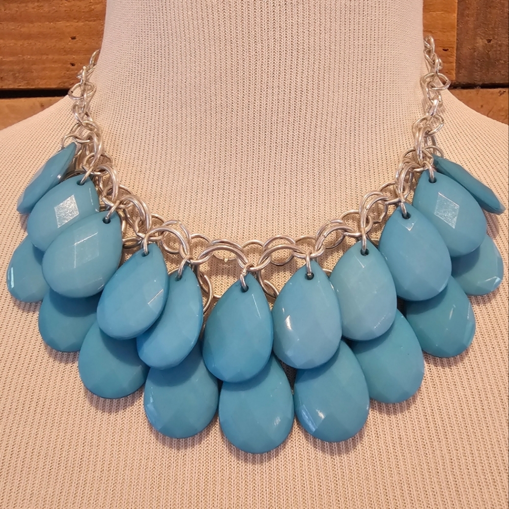 Robin's Egg Blue teardrop bead statement necklace on silvertone chain